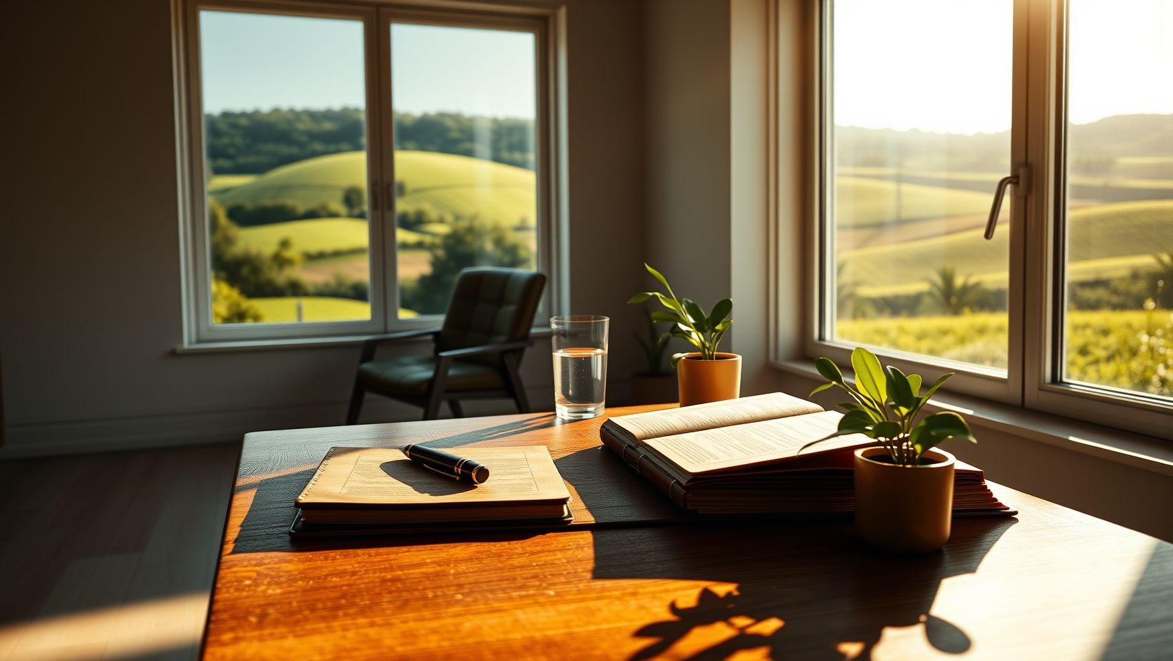 Een persoon die reflecteert met een open boek en pen, symbool voor leren en persoonlijke groei.