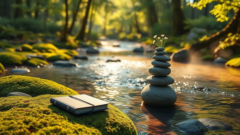 Een persoon die ontspannen een laptop gebruikt in een groene, rustige omgeving, symbool voor werk-privébalans.